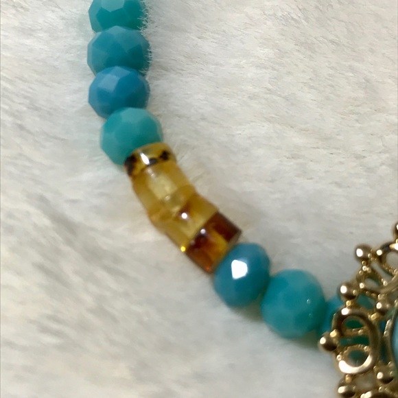 Turquoise Glass and Genuine Amber Bracelet - Picture 4 of 6